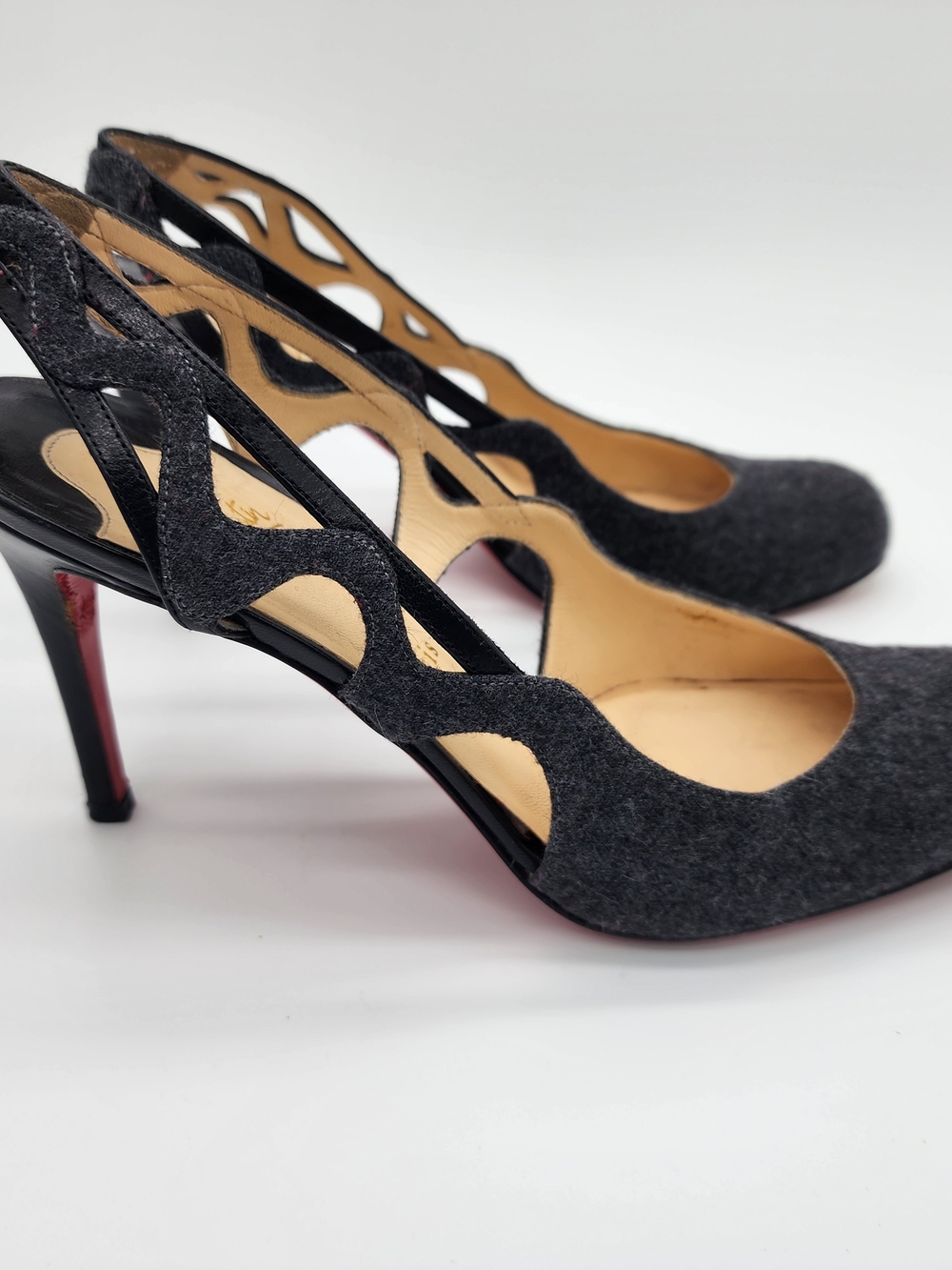Vintage Christian Louboutin Dark Grey Flannel Cutout Slingback Heels Size EU 40